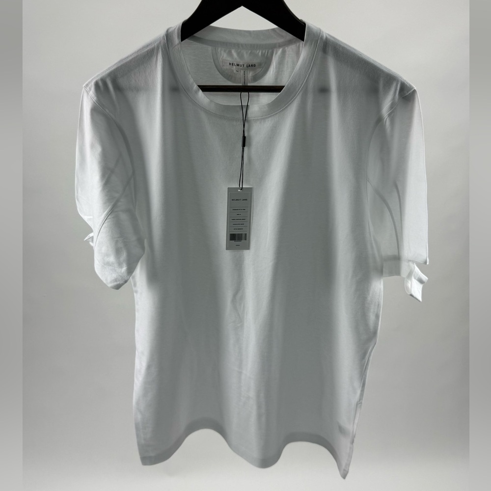 Helmut Lang White Crew Neck Tee with distressed sleeves